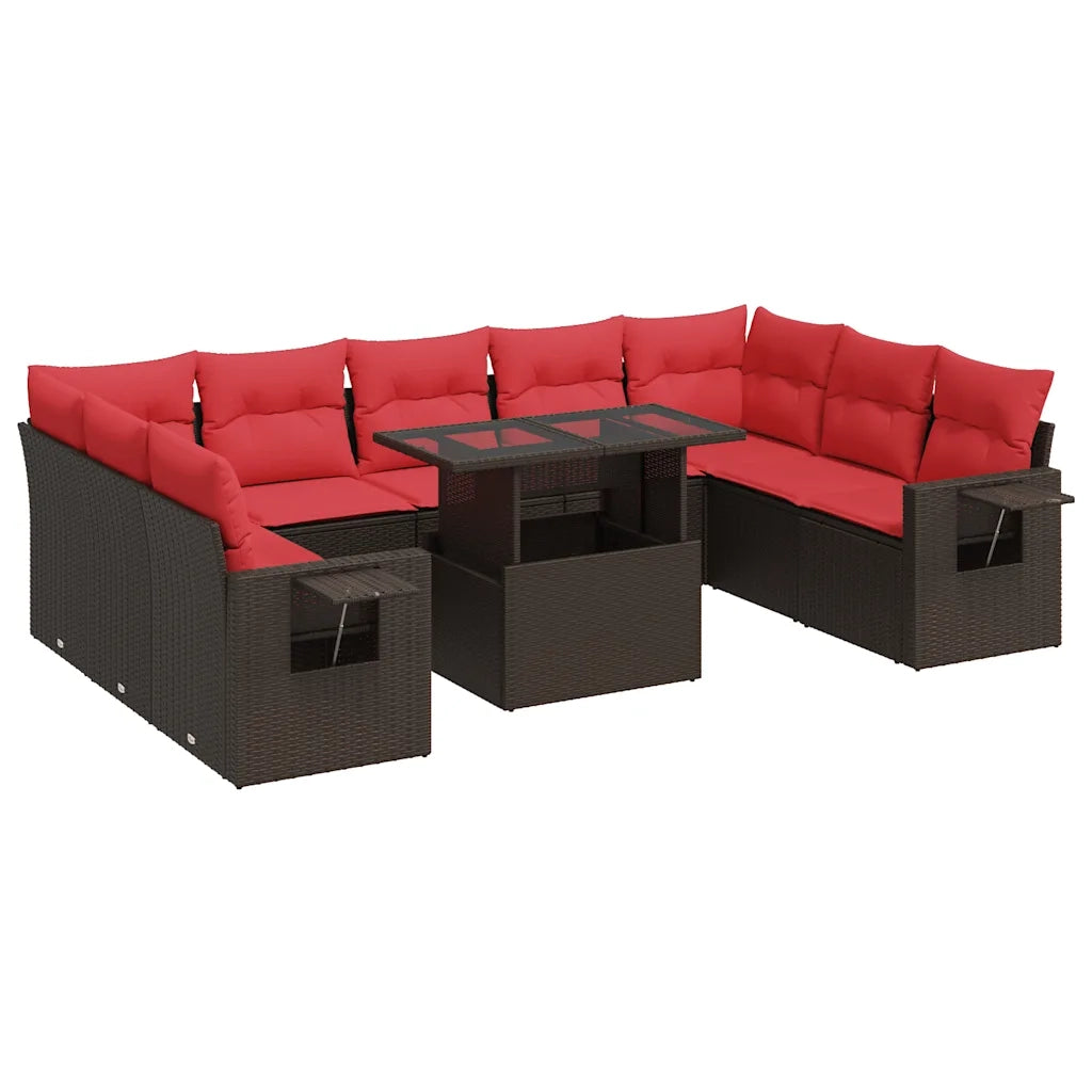 Set Divani Giardino 10 pz con Cuscini Polyrattan Marrone Acacia 3326545