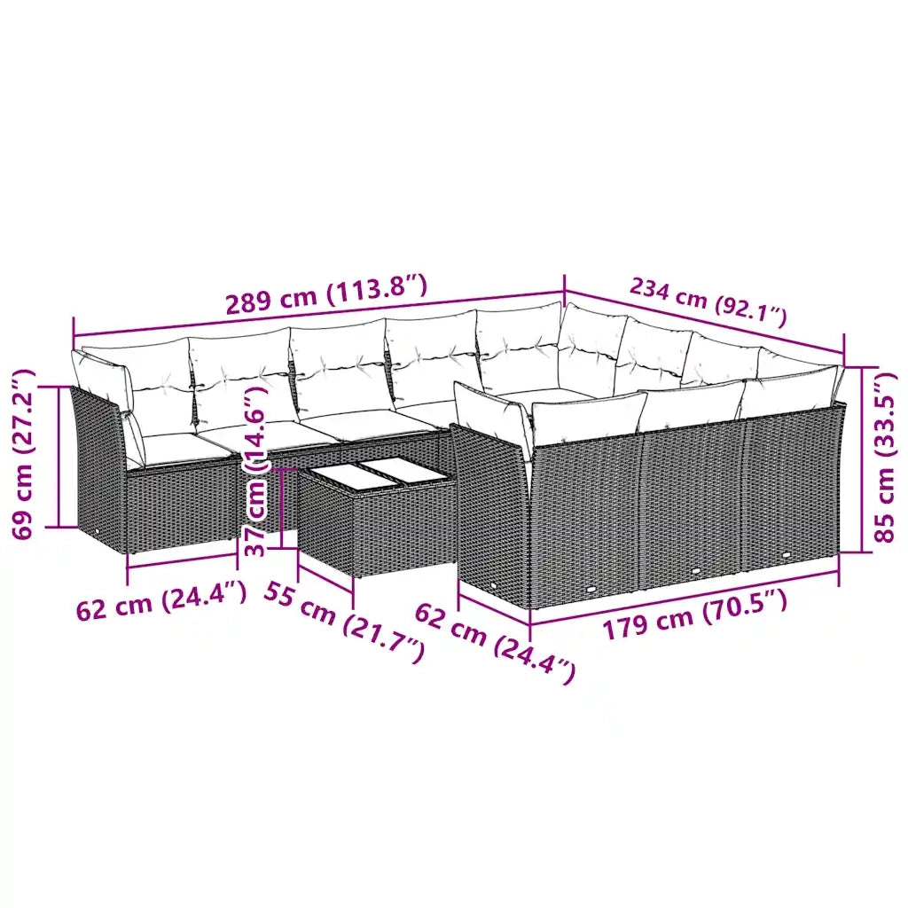 Set Divani da Giardino 11 pz con Cuscini in Polyrattan Grigio 3250071