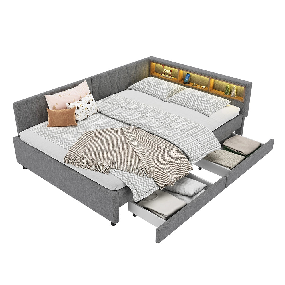 Daybed-Xylo-140x200 cm-LED, USB-C, 2 cassetti, lino grigio