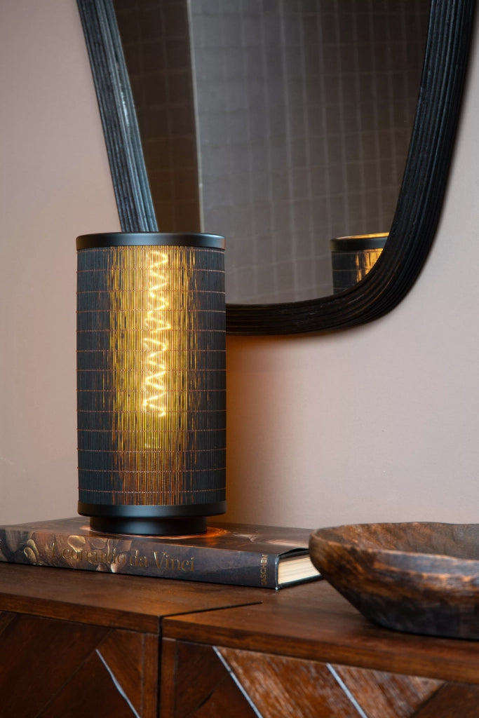 Lampada da tavolo nera con paralume rattan E27 Tagalog