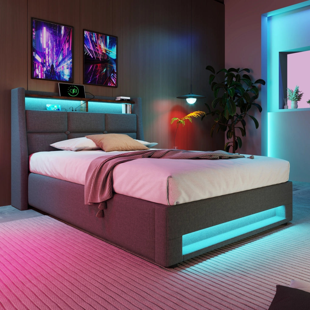 LETTO imbottito 90x200 cm grigio con LED, USB e struttura in lino