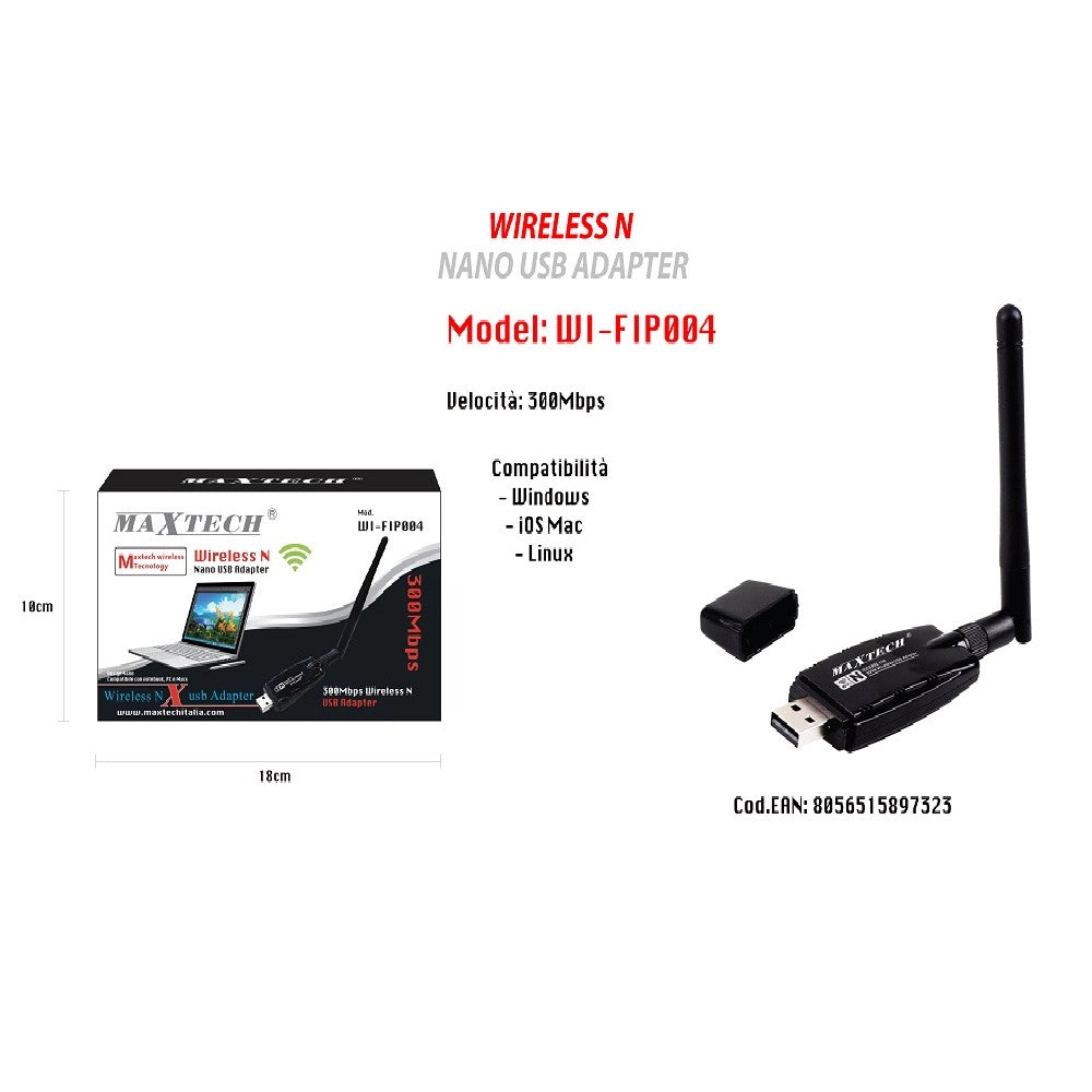 Trade Shop - Chiavetta Wifi Usb Adattatore Nano Wireless 300mps Pc Computer Maxtech Wi-fip004 -