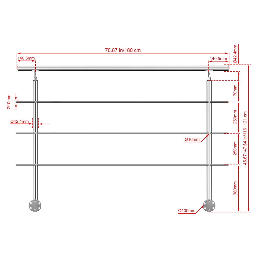 Ringhiera Balaustra Corrimano in acciaio inox 304 spazzolato per scale 180 cm, 3 barre trasversali, fissaggio laterale, per interni ed esterni