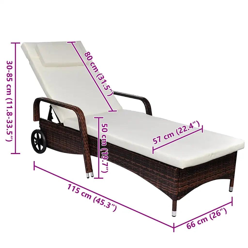 Lettino Prendisole con Cuscino e Ruote in Polyrattan Marrone 42476