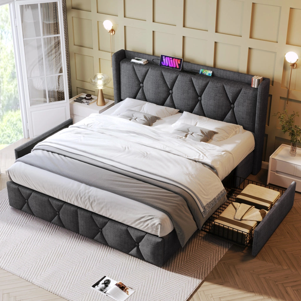 LETTO Contenitore 160x200 cm Grigio in lino con 4 cassetti
