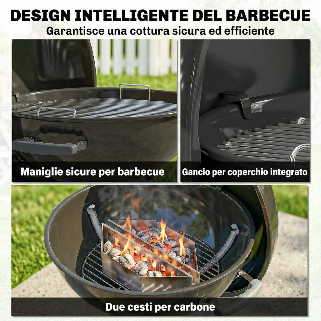 Barbecue a Carbone Rotondo con Coperchio ¨C Xylo ¨C Termometro e Ruote, Nero