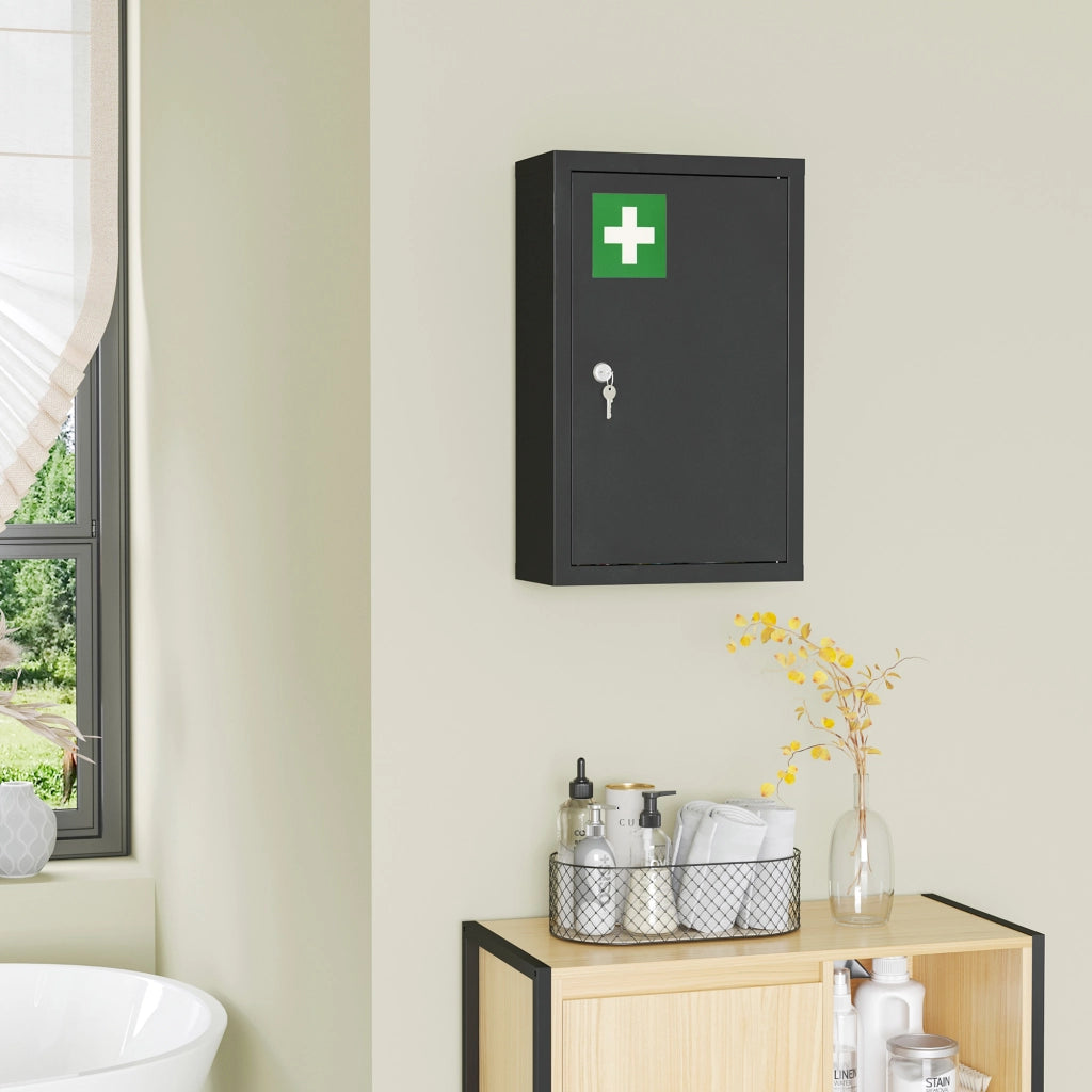 Armadietto Medicinali con 3 Mensole e Blocco con Chiavi in Acciaio. 30x14x46cm. Nero