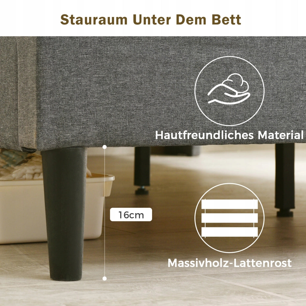 Letto imbottito 140x200 grigio con LED (con materasso) - Xylo
