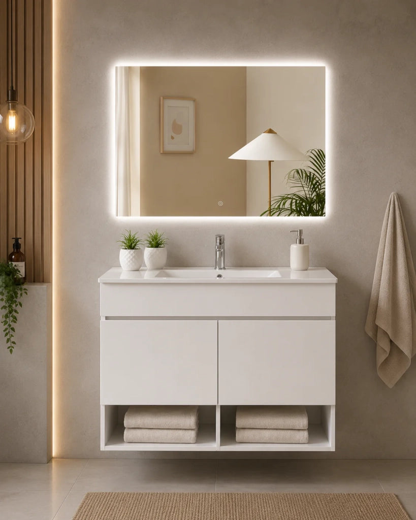 Mobile bagno sospeso con lavabo extrapiano ORIGENBATH NEBARI senza specchio 100x40 cm bianco
