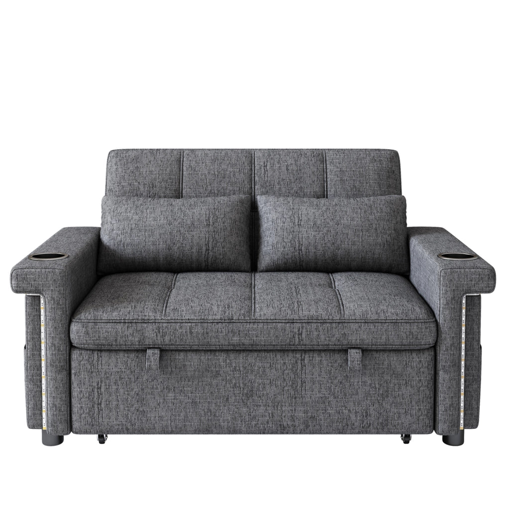Divano letto 2 posti convertibile 145 x 141;5 x 90 cm in chenille grigio con LED e USB