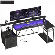 Scrivania Gaming Angolare con Hub di Ricarica, Luci LED e Supporto Monitor, in Legno e Acciaio, 192.5x80x86.5 cm, Nero