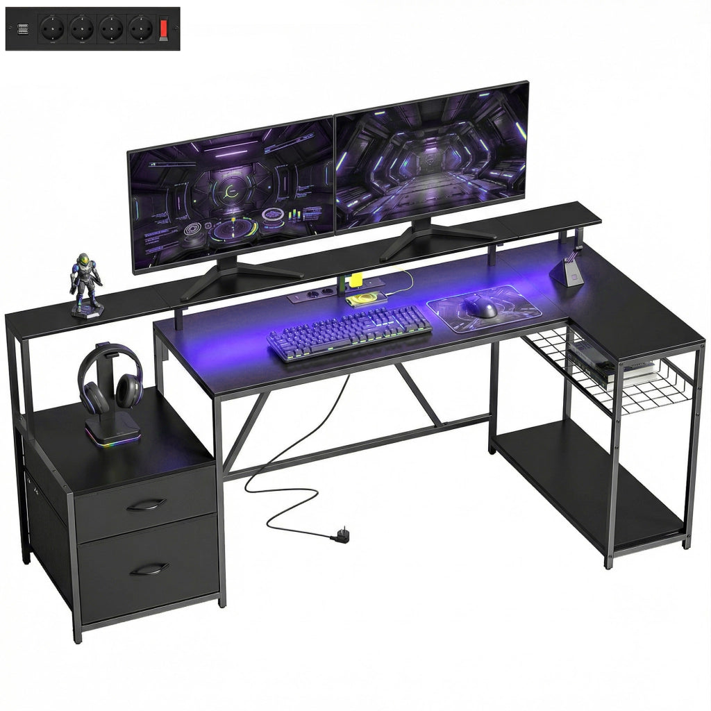 Scrivania Gaming Angolare con Hub di Ricarica, Luci LED e Supporto Monitor, in Legno e Acciaio, 192.5x80x86.5 cm, Nero
