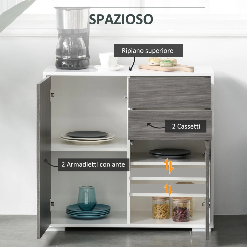 Mobile con 2 Cassetti e 2 Ante ¨C Xylo ¨C Grigio Chiaro e Bianco, 79x36x74cm