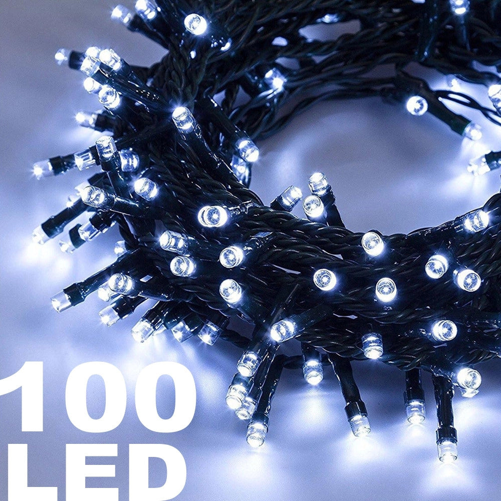 Trade Shop - Catena Luminosa 100 Luci Led Lucciole Luce Bianca Con Controller 8 Funzioni -