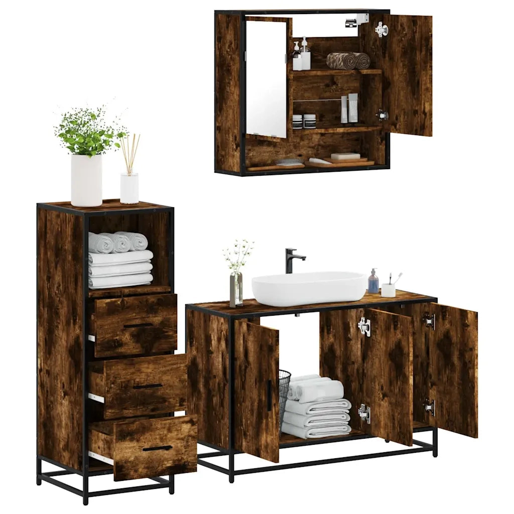 Set Mobili da Bagno | Armadio da bagno 3 pz Rovere Fumo in Legno Multistrato