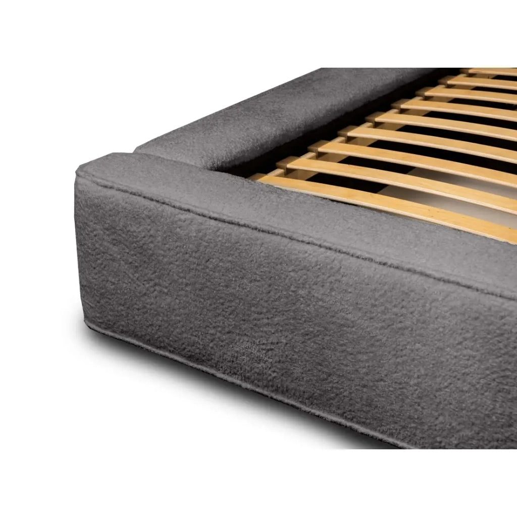 Lettino VELORA - Grigio cenere bouclé - 180x200 cm - Tessuto velluto morbido - Rete sollevabile - Spazio di immagazzinamento integrato