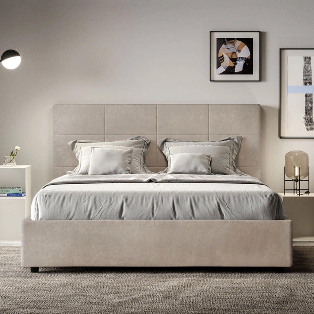 Letto queen size con rete imbottito 150x200 microfibra sabbia Mika