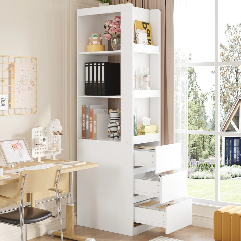 Libreria con 3 vani aperti e 3 cassetti; antiribaltamento - per studio - 60×40×200 cm - bianco