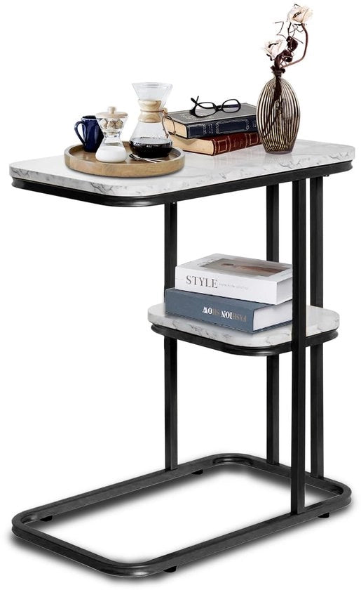 Biblioteca a doppia altezza, piccola tavola da salotto, alta consolle con ripiani di archiviazione, tavolo in marmo, con piattaforma di appoggio, larghezza 50 x profondità 30 x altezza 58 cm, tavolo da divano, comodino (nero)