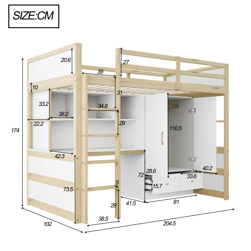 Letto a soppalco 90x200 cm con scrivania, armadio e cassetti