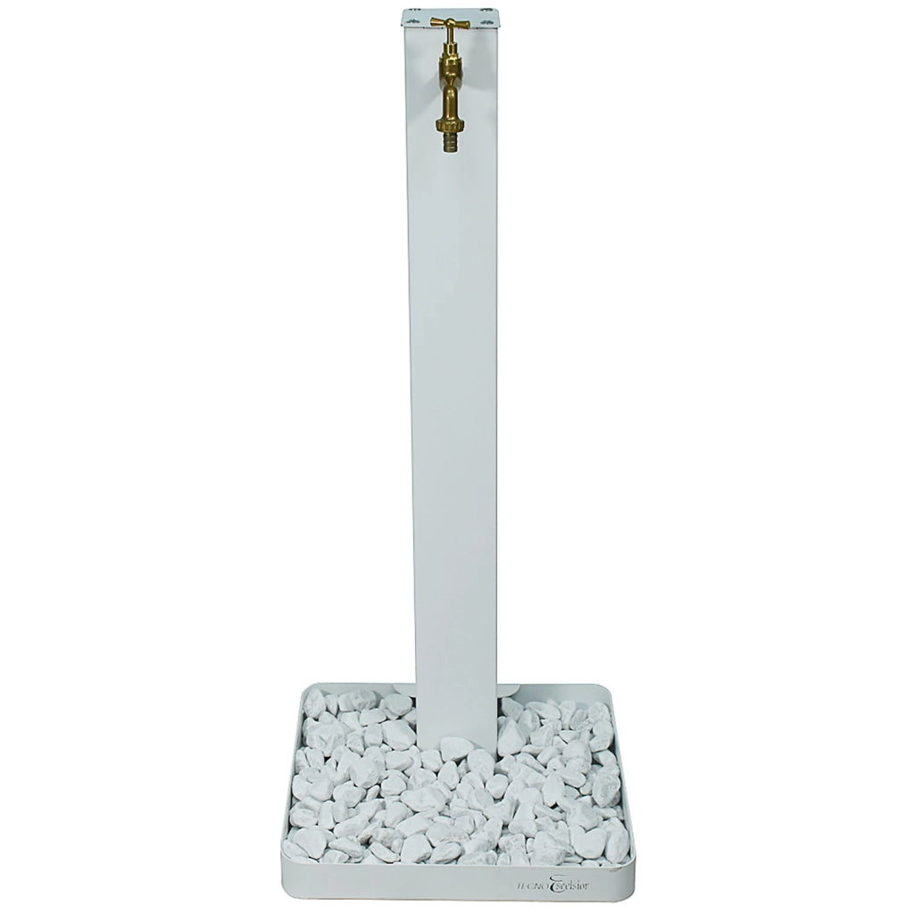 Fontana da Giardino con Rubinetto in Ottone e Base con Ciottoli 40x40x97 cm in Acciaio Bianco