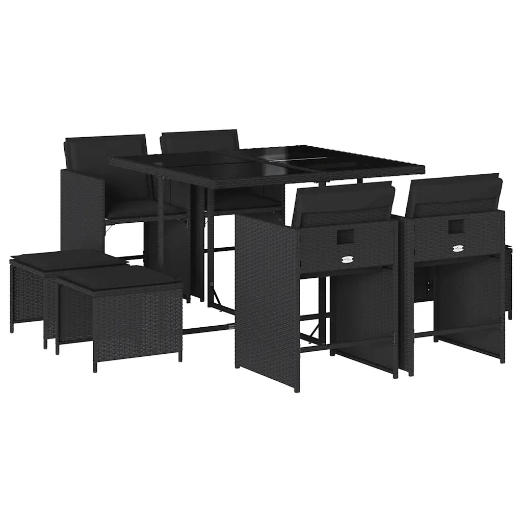 Set da Pranzo da Giardino 9 pz | Set Salotto da Giardino con Cuscini Nero in Polyrattan