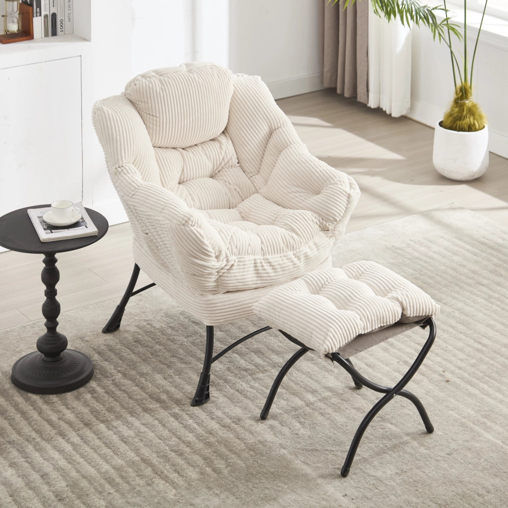 Poltrona da salotto con pouf; tasca laterale e braccioli; in acciaio; bianco