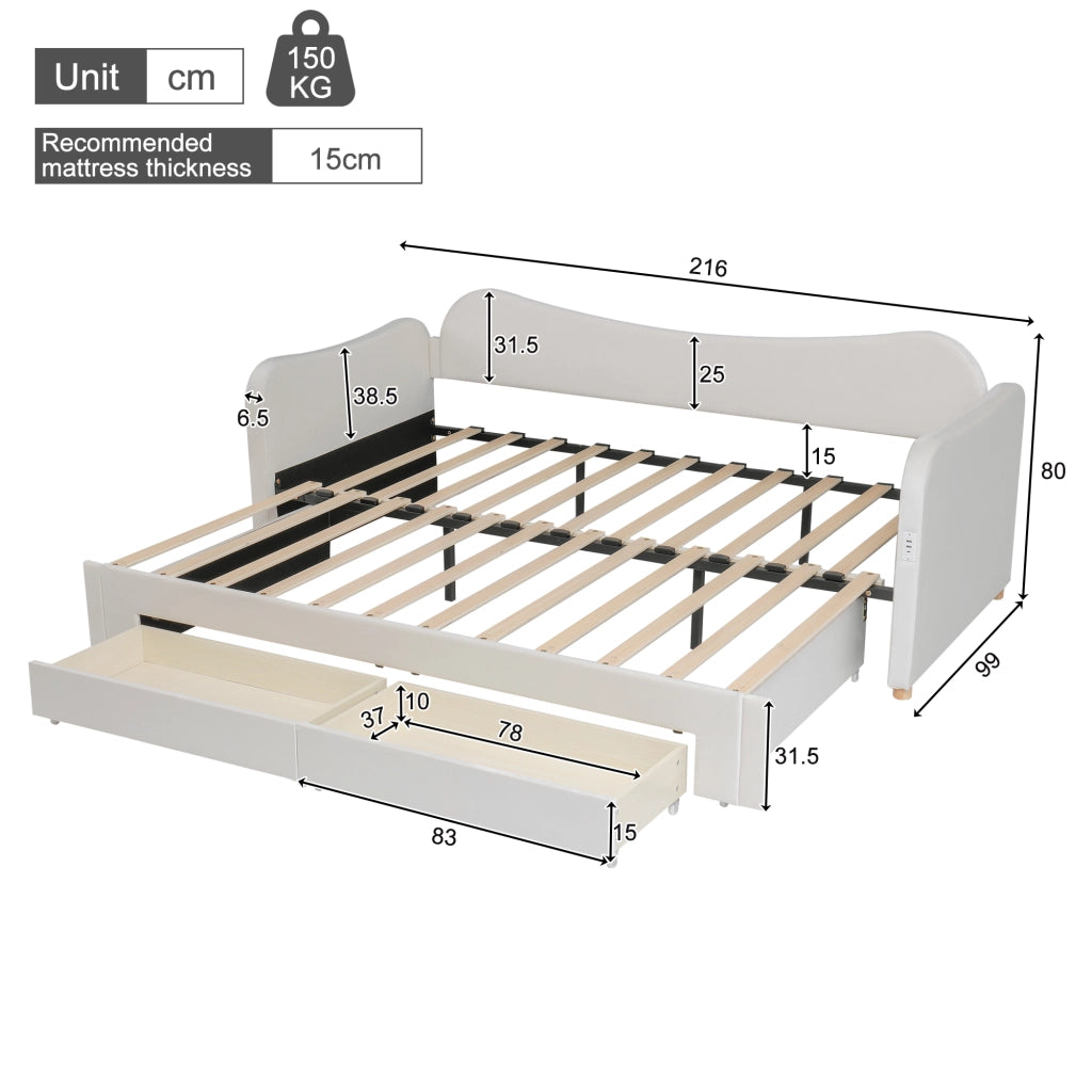 Letto Imbottito Contenitore con 2 Cassetti e USB ¨C MINIMAL ¨C Velluto Beige 90x200 cm