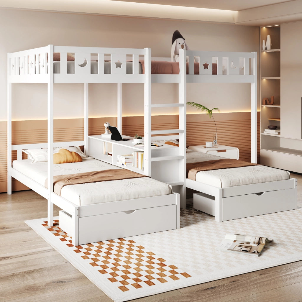 Letto a castello con scala e vano contenitore legno bianco 140x200 cm