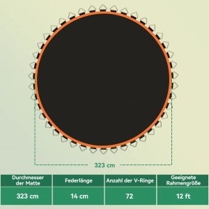 Telo elastico per trampolino rotondo Ø323 cm con 72 anelli a V, polipropilene, arancione