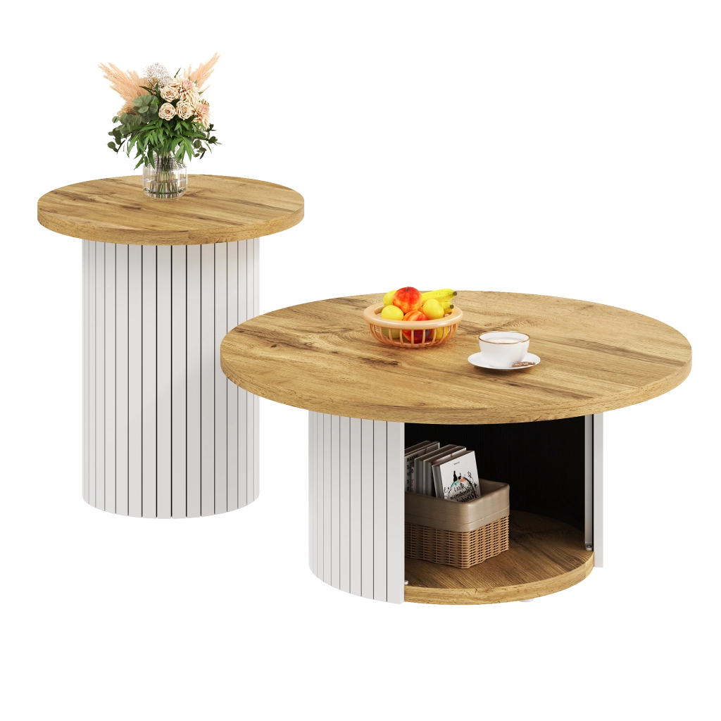 OKWISH Tavolini da Salotto Impilabili Rotondi Stile Nordico con Tavolo Principale e Tavolino Laterale, MDF, Naturale