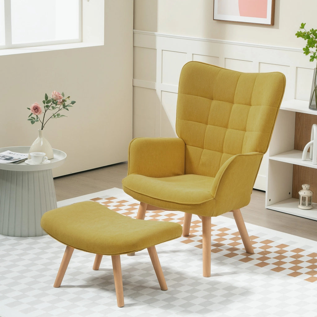 Poltrona relax con poggiapiedi ¨C Xylo ¨C tessuto effetto velluto a coste, gambe in legno, arancione