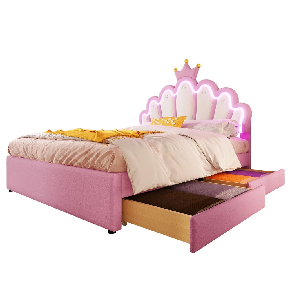 Letto Imbottito con Cassetti e Testiera Regolabile ¨C MINIMAL ¨C Rosa, PU, 140x200