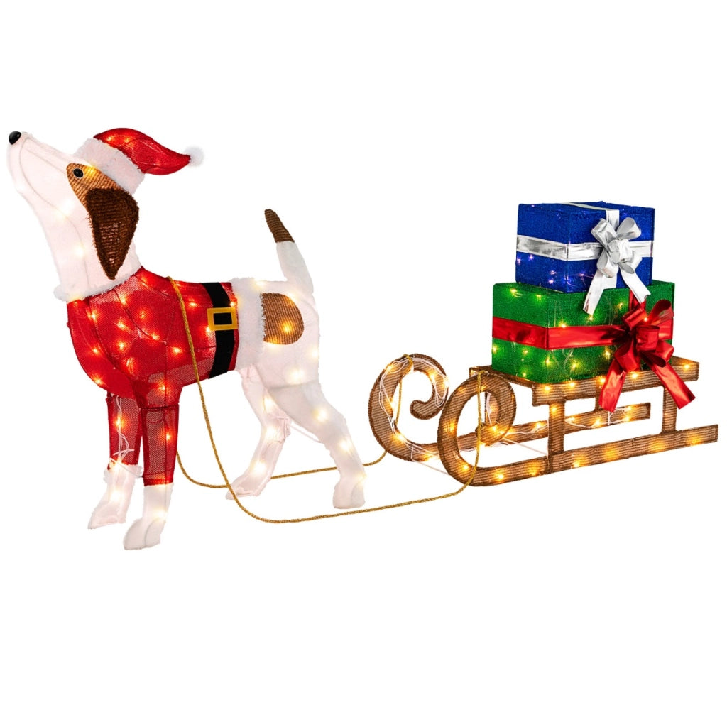 Decorazioni natalizie illuminate con cane slitta luci LED e scatole regalo, Decorazione festosa 78x21x82cm