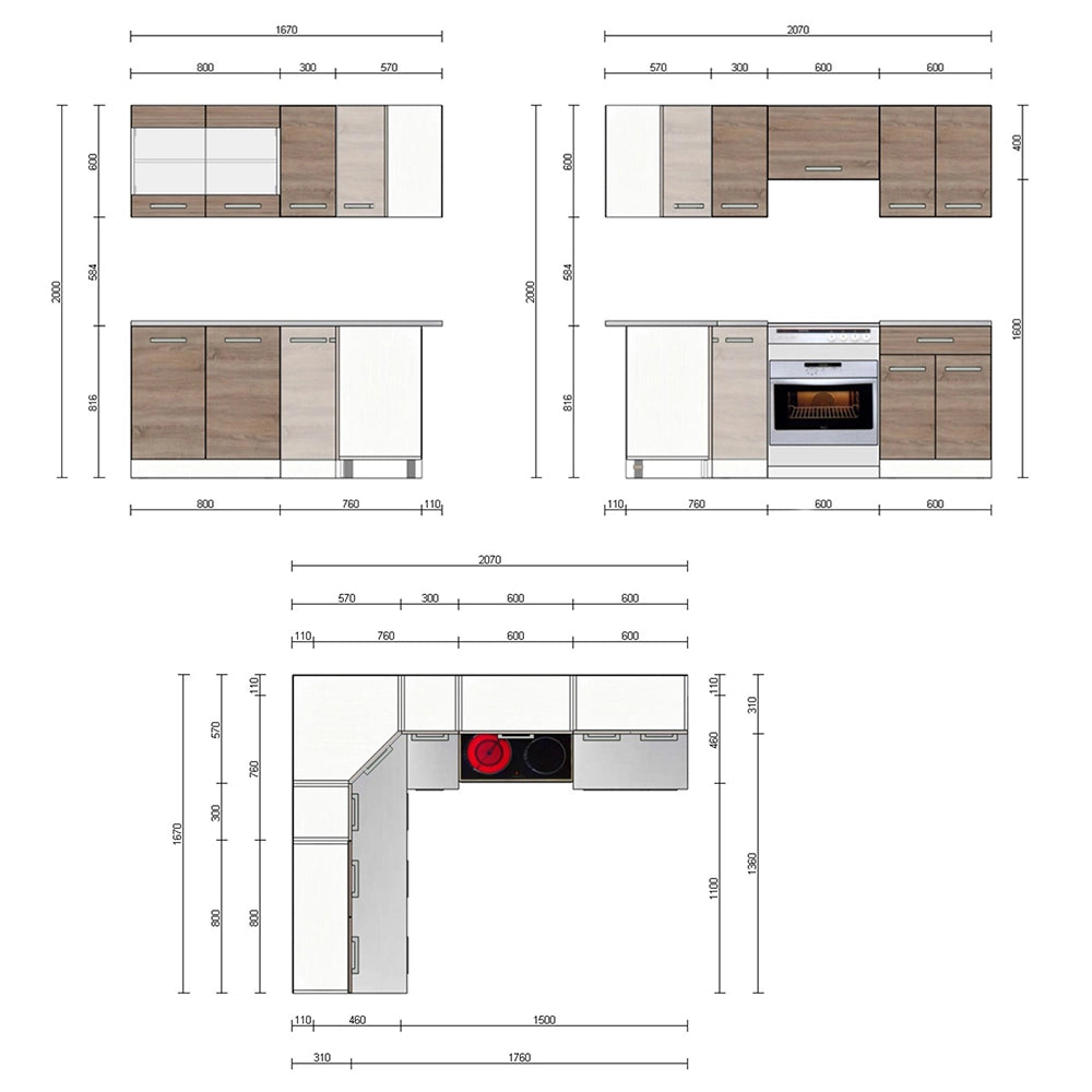 Cucina ad angolo Rick Sonoma/Bianco 207 x 167 cm, PL Marmo con striscia LED Vicco