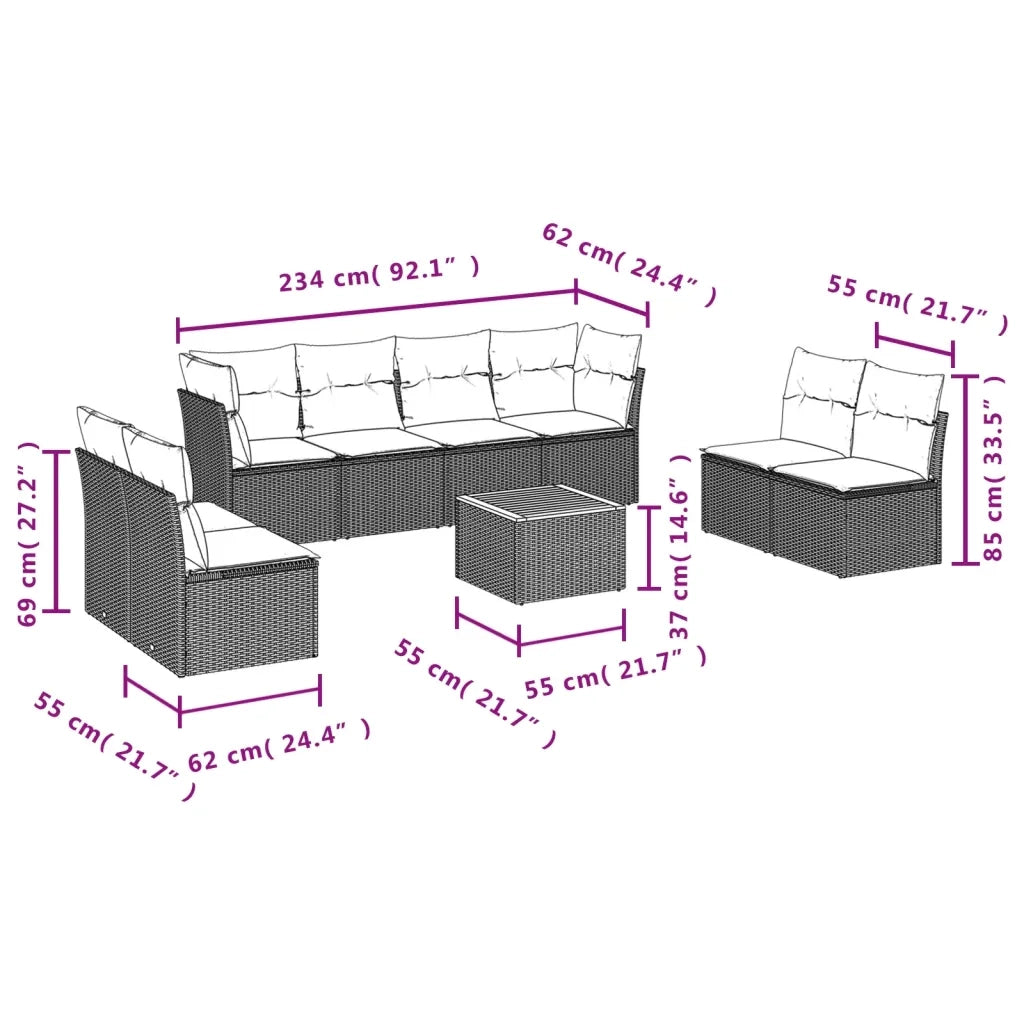 Set Divani da Giardino 9 pz con Cuscini Nero in Polyrattan