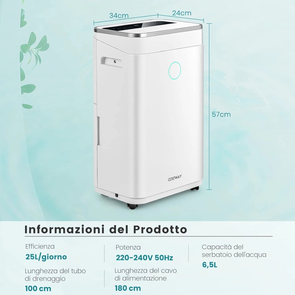 Deumidificatore Casa 25 L al Giorno, con Tubo di Scarico, Scarico Automatico o Manuale, Timer 24 ore, Protezione Straripamento e Serbatoio dell’Acqua 6,5 L per Spazi Fino a 30 m2