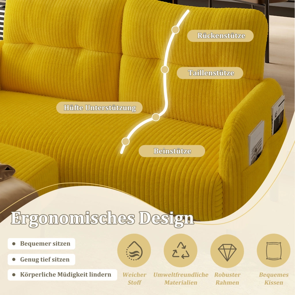 DIVANO Set da 3 pezzi in cord giallo 120 x 75 x 79 cm
