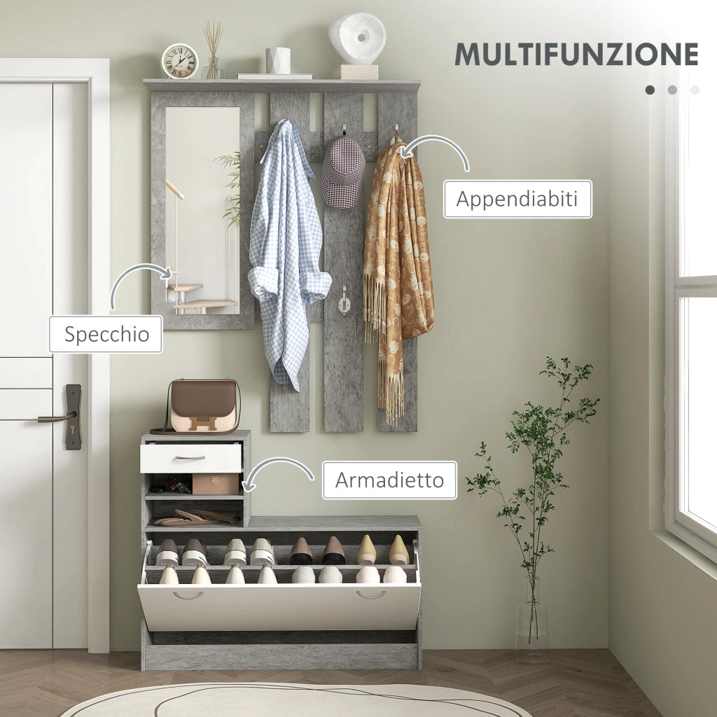 Mobile da Ingresso con Appendiabiti, Scarpiera e Specchio ¨C zephmum ¨C Grigio