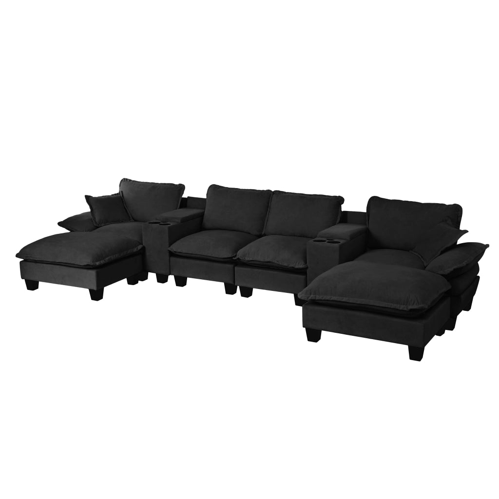 Divano Modulare U con Ottomane, Portabicchieri e USB ¨C Xylo ¨C Chenille Nero