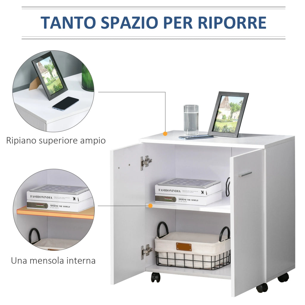 Mobile Portadocumenti ¨C Zephmum ¨C Legno con 2 ante e ruote, 60x35x65, Bianco