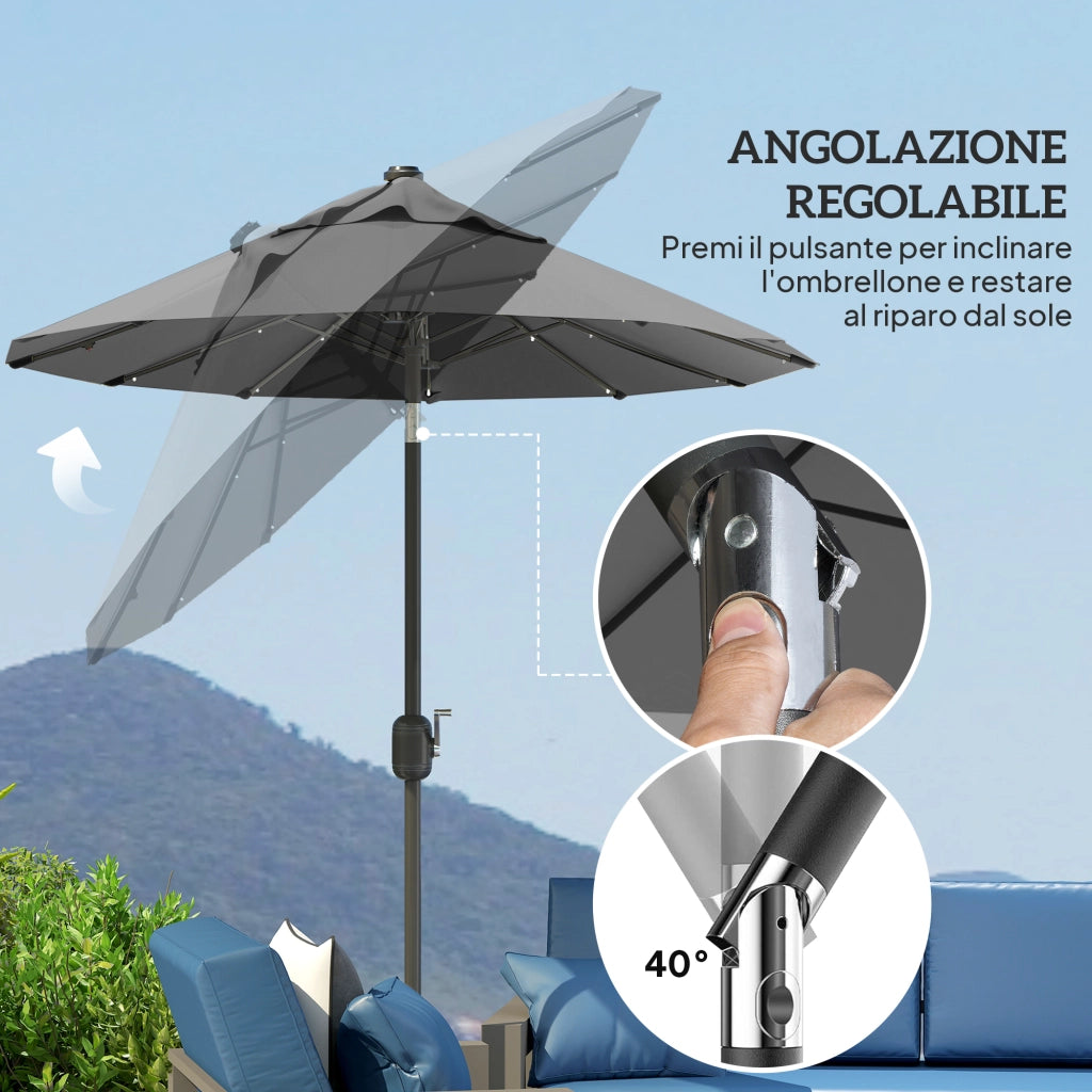 Ombrellone doppio con Base a crocee Luci Solari, 295x150x219cm, Grigio