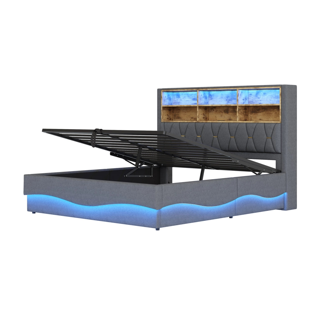 LETTO 180x200 cm con contenitore idraulico, LED APP e USB, Grigio