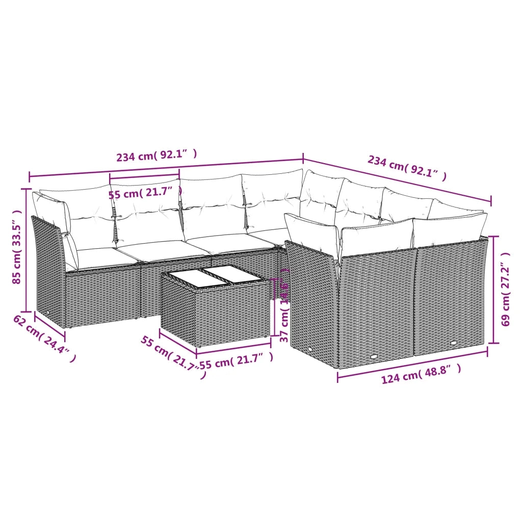 Set Divano da Giardino 9 pz con Cuscini Beige in Polyrattan