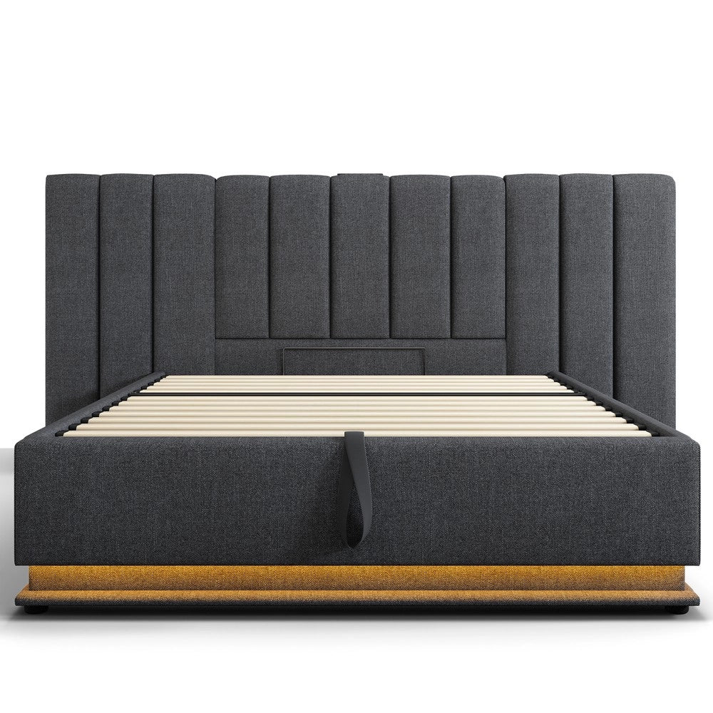 Letto Imbottito Contenitore Matrimoniale con LED e USB ¨C MINIMAL ¨C Tessuto Grigio 180x200