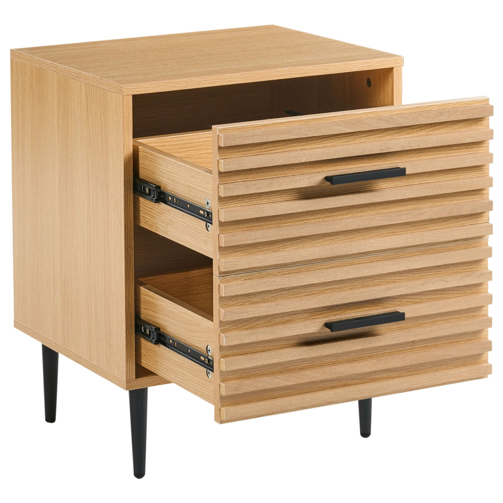 Comodino marrone chiaro in MDF con gambe in ferro e 2 cassetti Tavolino moderno