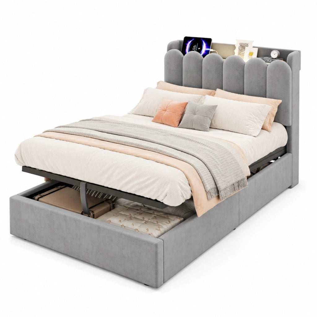Letto singolo per bambini 90x200 cm in velluto grigio con contenitore; USB; Type-C e luce