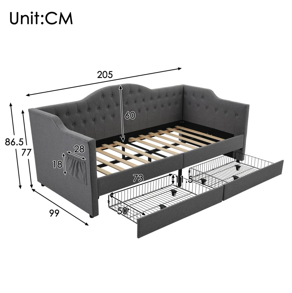 Letto giorno 90x190 cm in lino grigio con USB e Type-C; 2 cassetti e tasche laterali
