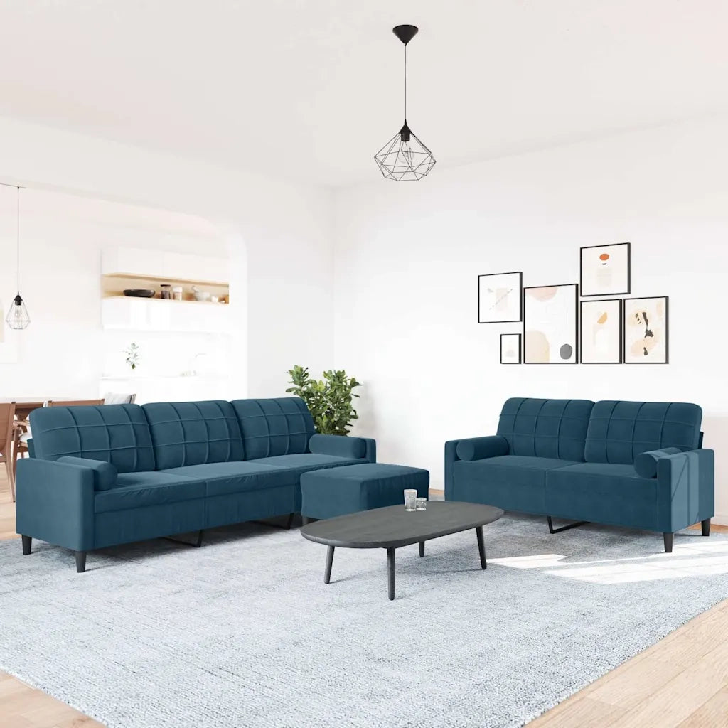 Set di Divani 3 pz con Cuscini e Rinforzi Blu in Velluto