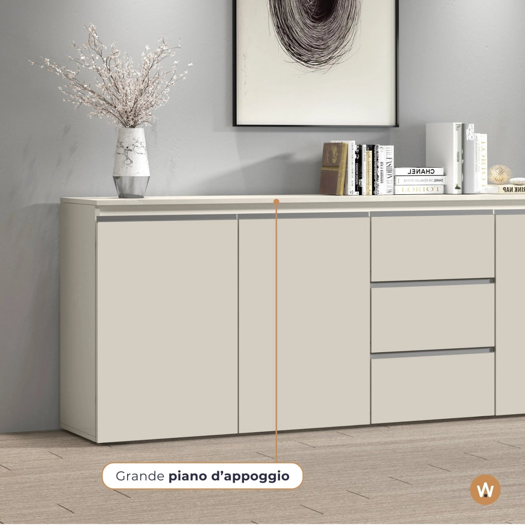 WHOUS Credenza Magic 3 ante e 3 cassetti centrali cashmere 200x40x80 cm